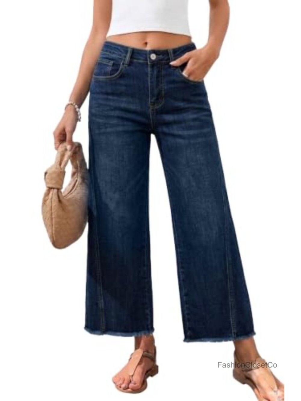 High Rise Wide Leg Crop Jeans Raw Hem Stretch Cotton